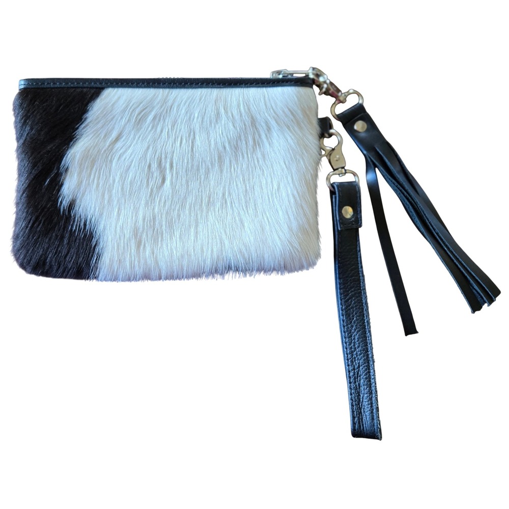 Cowgirl Chic Cowhide Wristlet Clutch Black White Spotted Leather Hair Tassel Bag - Picture 2 of 5